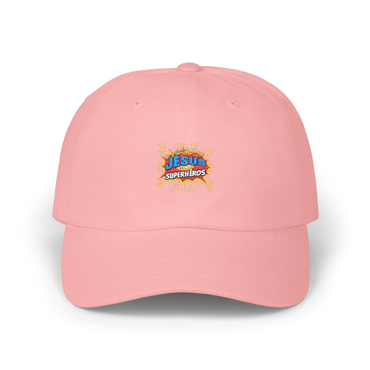 Casquette rose en coton avec le logo brodé Jésus est mon superhéros au centre.