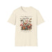 T-shirt beige en coton avec un imprimé floral, des papillons et un verset biblique en français.
