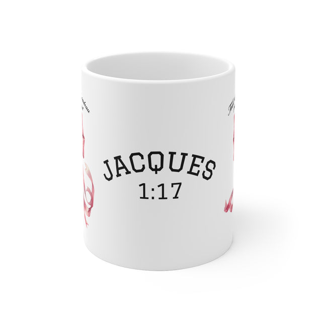 Mug en céramique blanche avec l'inscription Jacques 1:17 et des motifs de rubans roses.