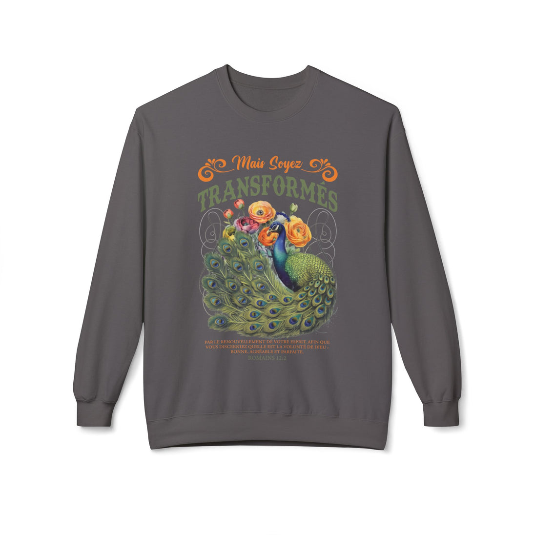 Sweat-shirt gris à col rond avec un motif de paon et le texte biblique Romains 12:2.