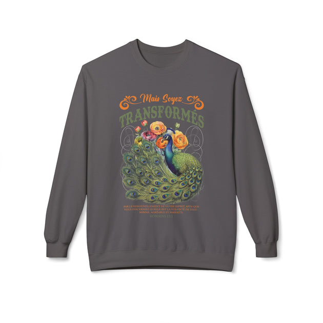 Sweat-shirt gris à col rond avec un motif de paon et le texte biblique Romains 12:2.