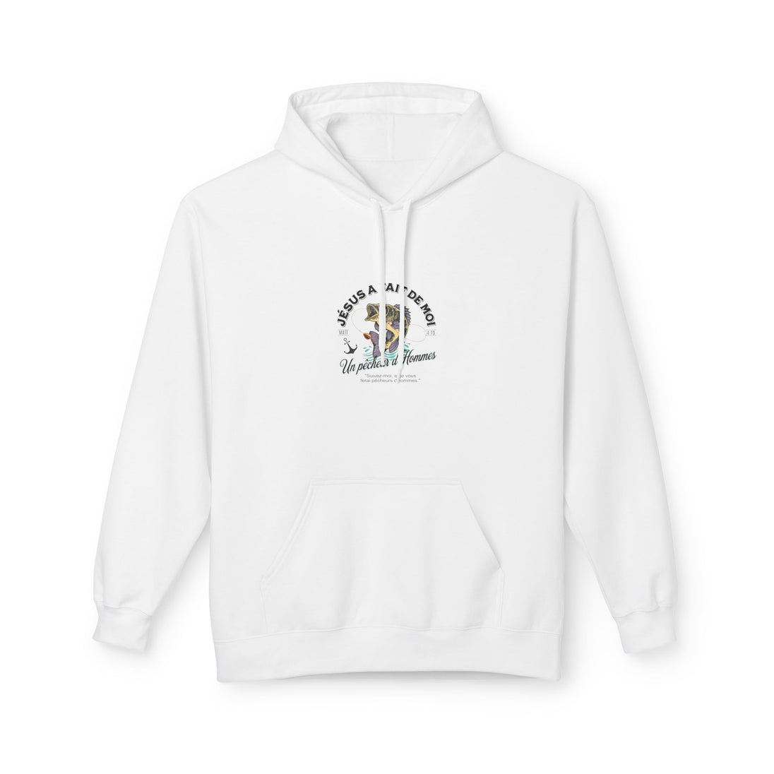 Sweat à capuche blanc pour femme avec une illustration de poisson et un texte religieux.