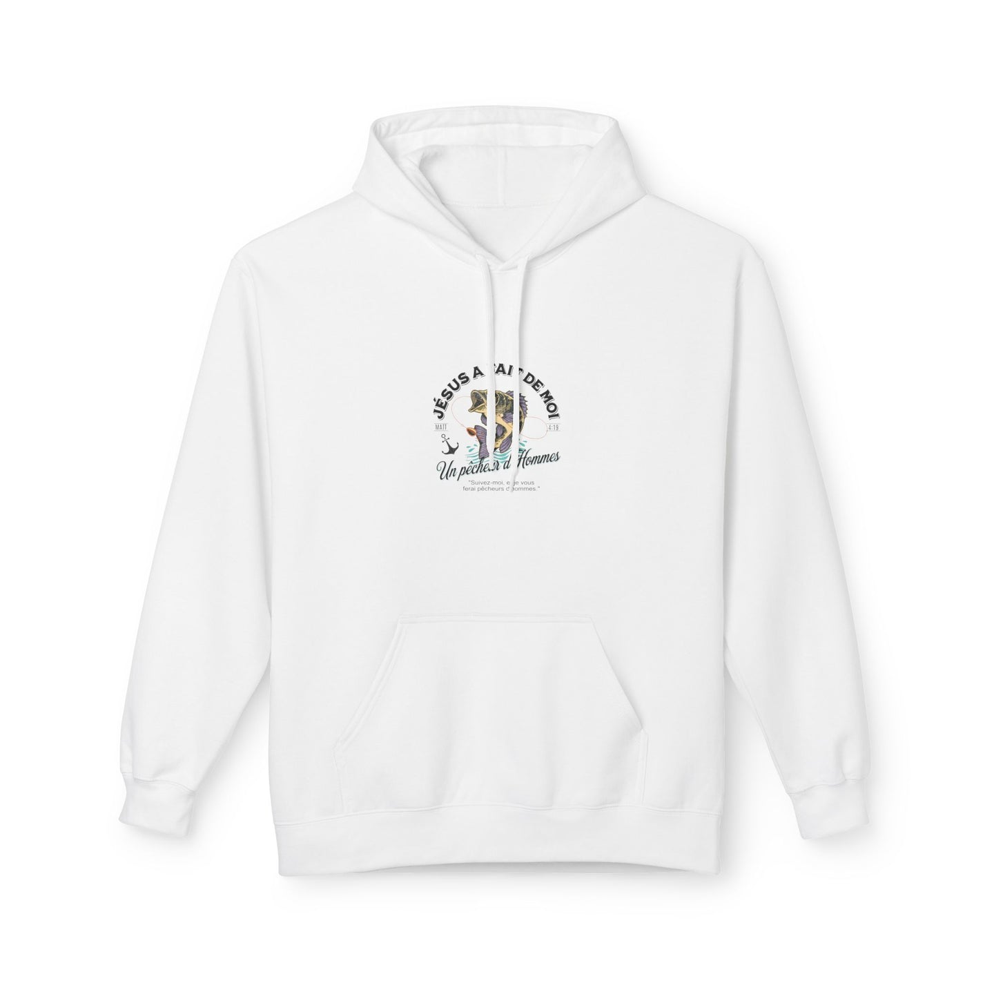 Sweat à capuche blanc pour femme avec une illustration de poisson et un texte religieux.