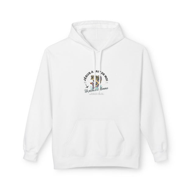 Sweat à capuche blanc pour femme avec une illustration de poisson et un texte religieux.