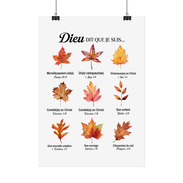 Affiche murale illustrée de feuilles d'automne avec des versets bibliques sur l'identité chrétienne.