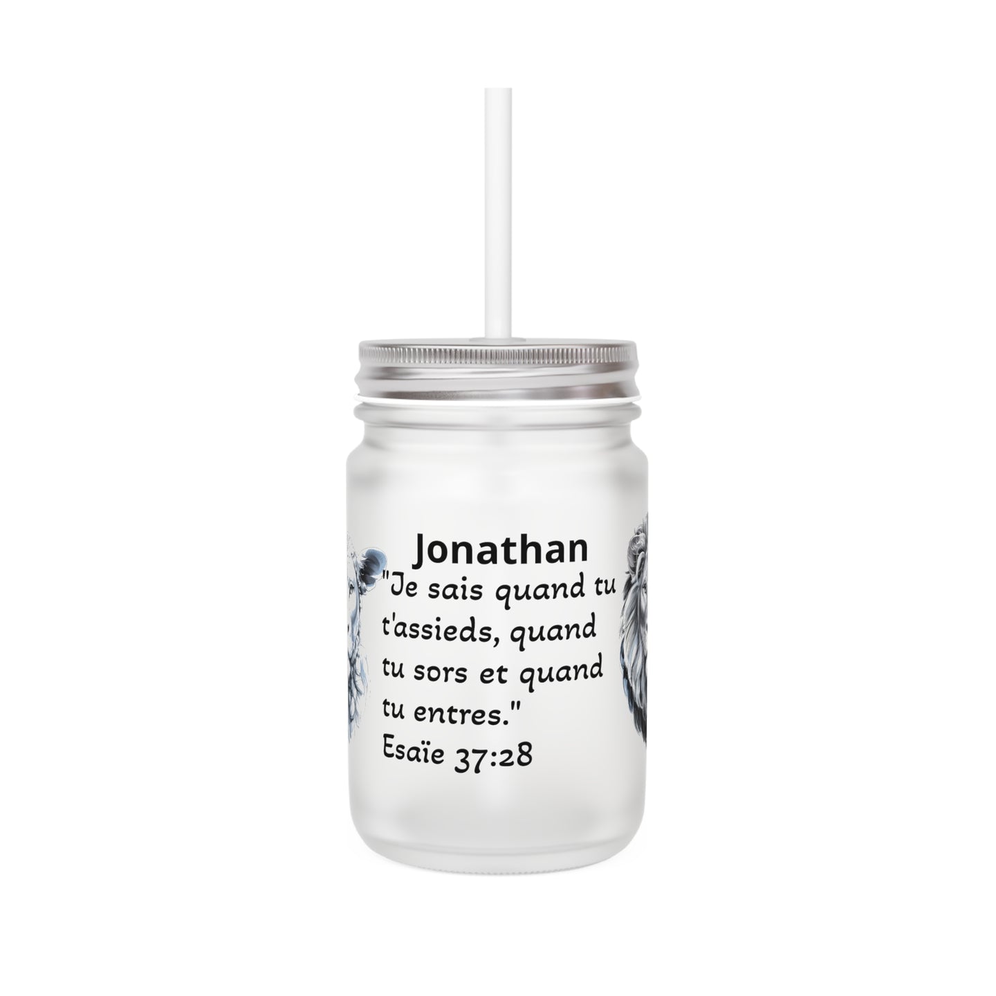 Chope en verre dépoli avec couvercle, paille et une inscription personnalisée.
