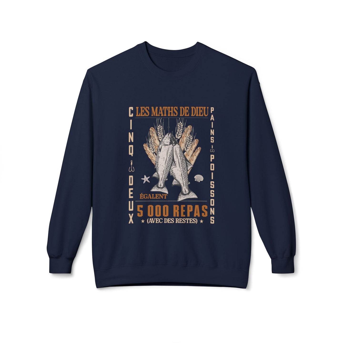 Sweat-shirt bleu marine pour femme avec une illustration de pains et poissons et texte religieux.