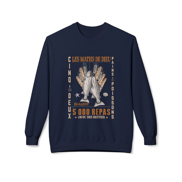 Sweat-shirt bleu marine pour femme avec une illustration de pains et poissons et texte religieux.