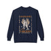 Sweat-shirt bleu marine pour femme avec une illustration de pains et poissons et texte religieux.