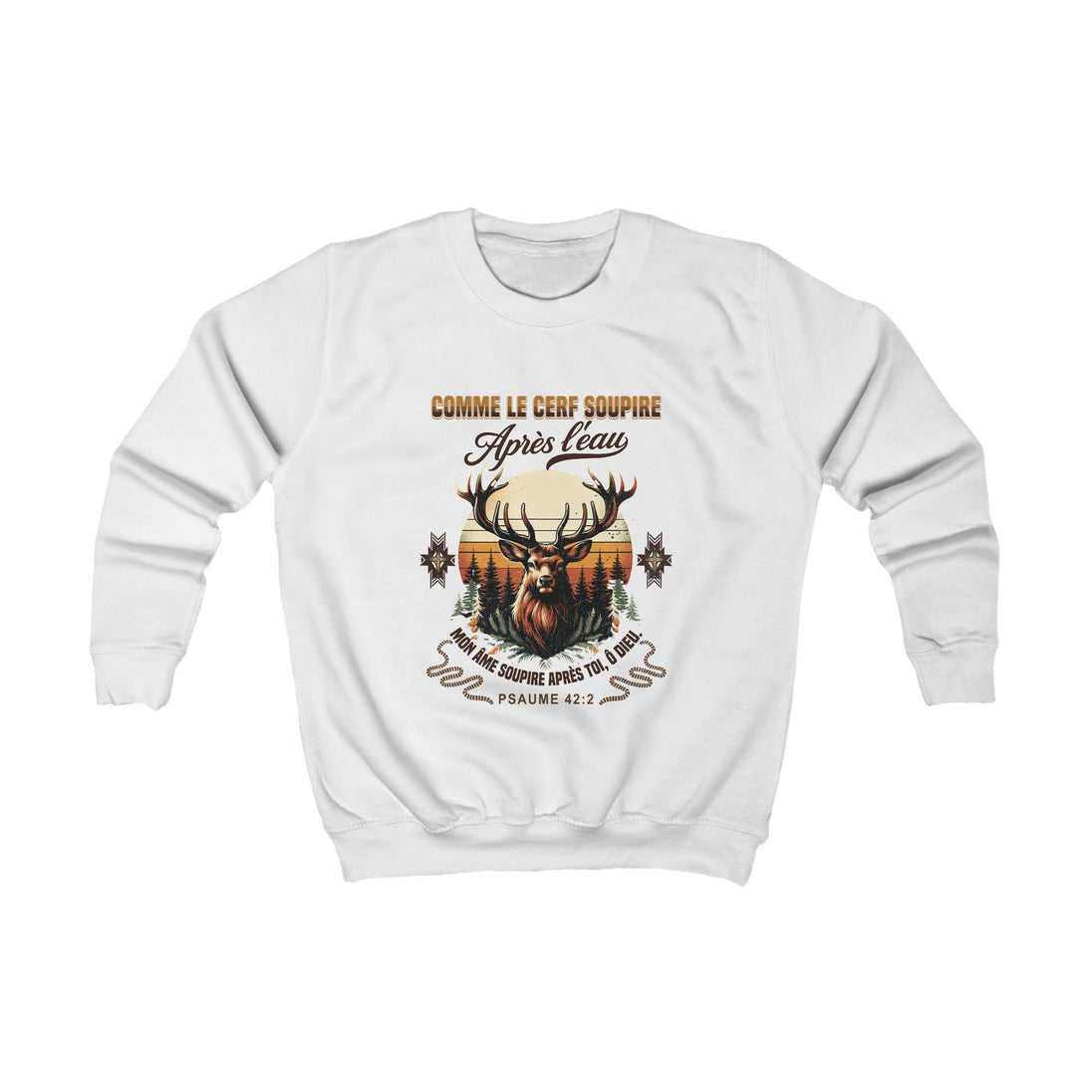 Sweat-shirt blanc pour enfant avec une illustration de cerf et le texte biblique Psaume 42:2.