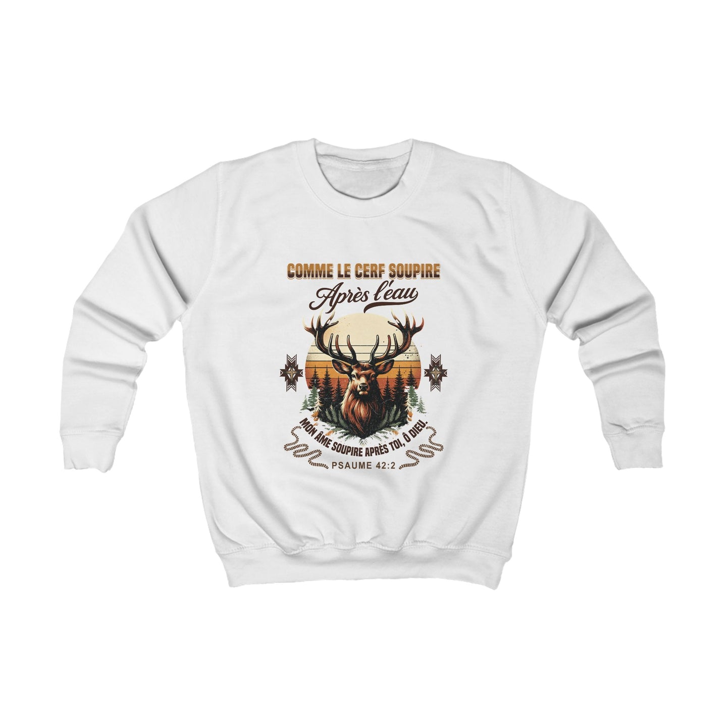 Sweat-shirt blanc pour enfant avec une illustration de cerf et le texte biblique Psaume 42:2.