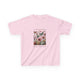 T-shirt rose pour enfant orné d'une illustration florale avec des papillons et un texte inspirant.