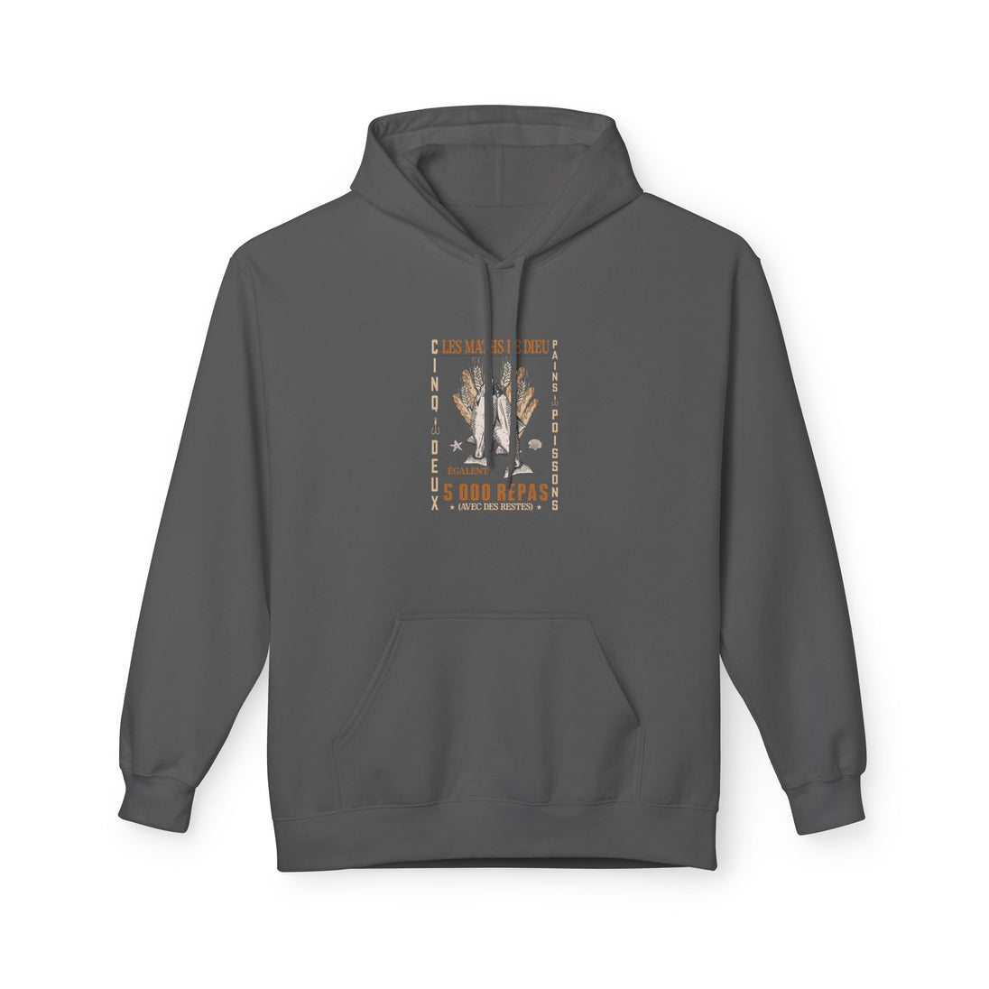 Sweat à capuche gris foncé avec une illustration centrale sur le thème de la multiplication des pains.