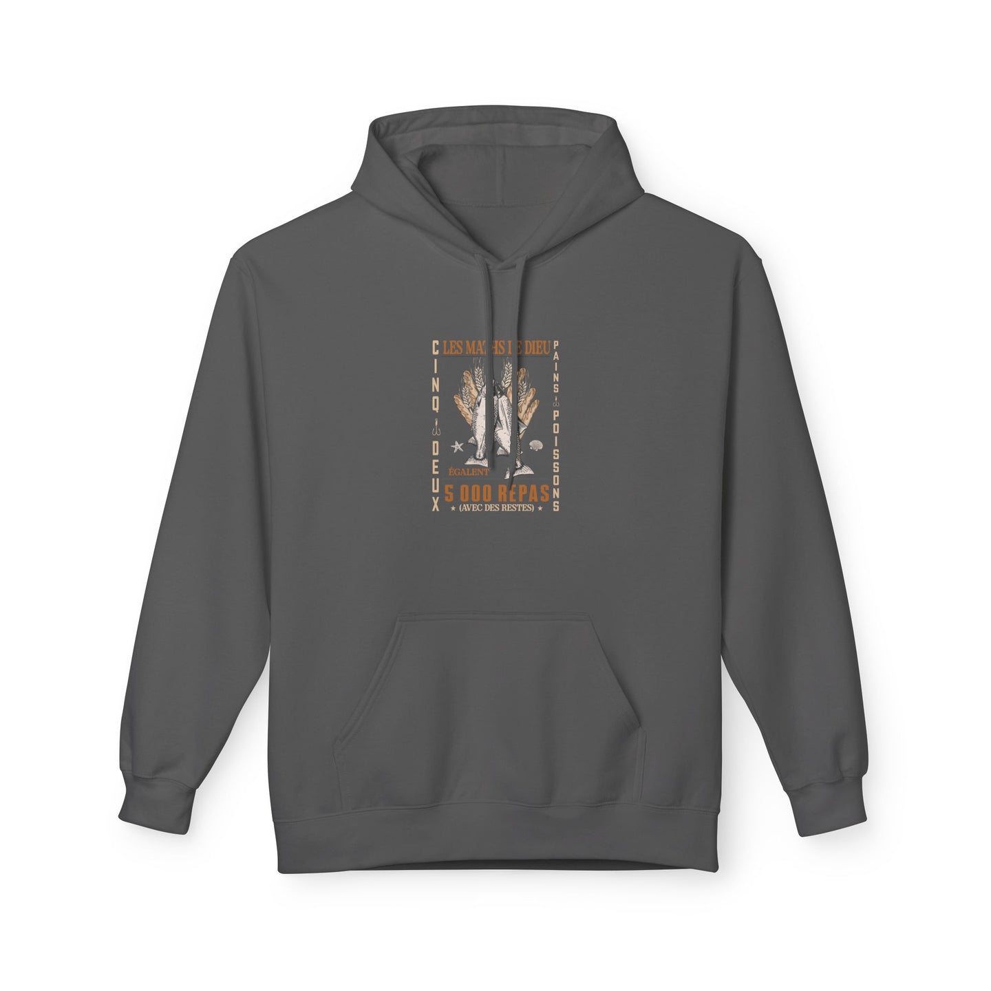 Sweat à capuche gris foncé avec une illustration centrale sur le thème de la multiplication des pains.