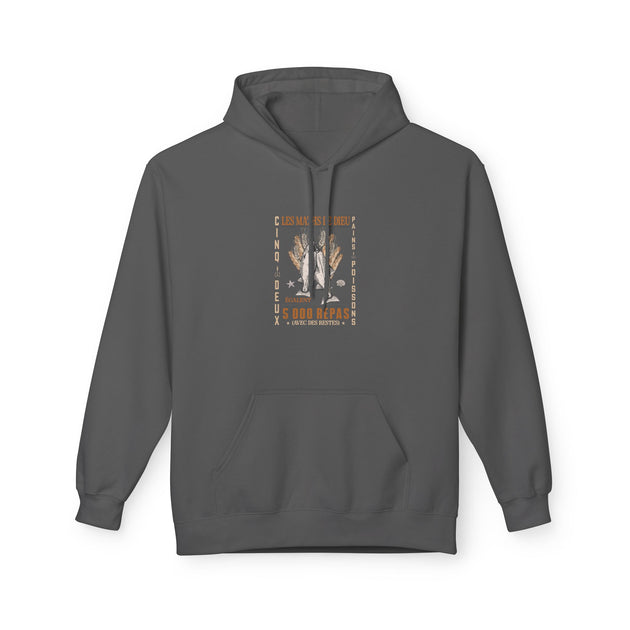 Sweat à capuche gris foncé avec une illustration centrale sur le thème de la multiplication des pains.