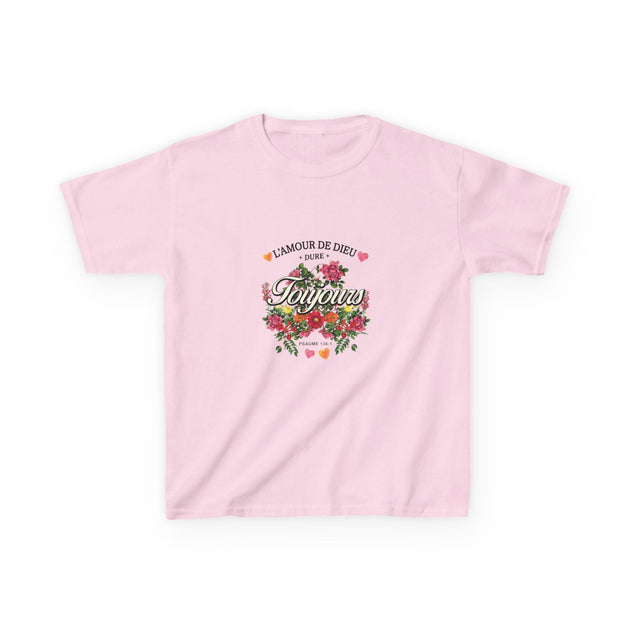 T-shirt rose pour enfant avec un motif floral et le texte L'amour de Dieu dure toujours.