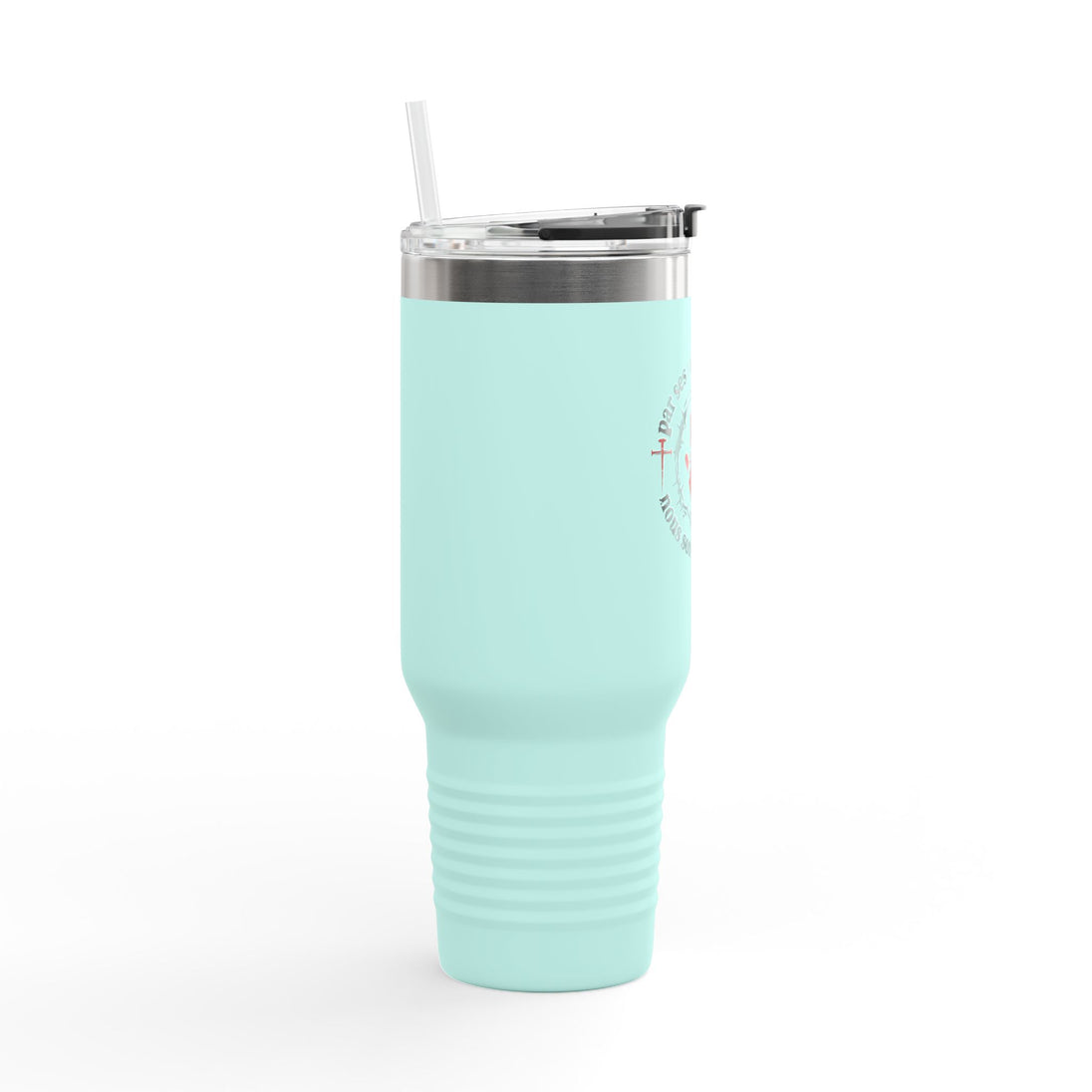 Gobelet isotherme bleu clair de 40oz avec paille et inscription religieuse sur le côté.