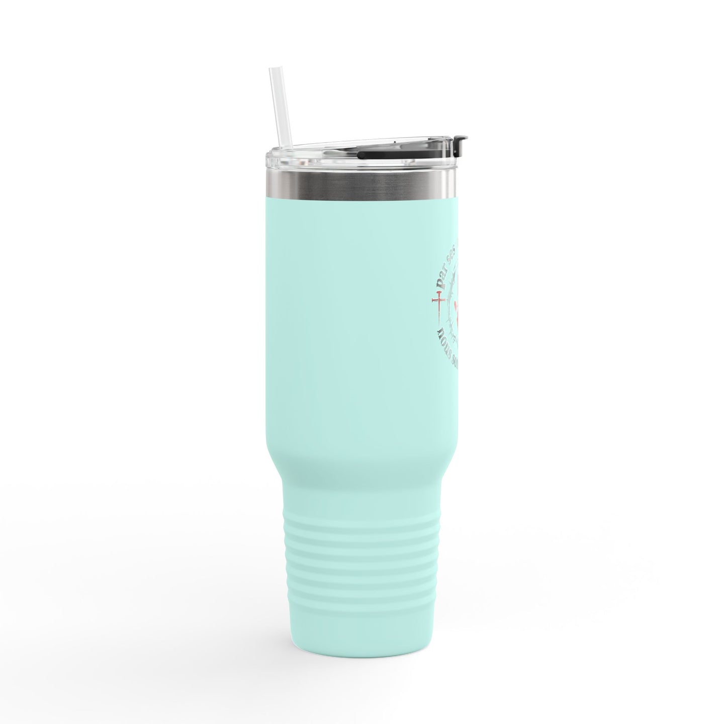 Gobelet isotherme bleu clair de 40oz avec paille et inscription religieuse sur le côté.