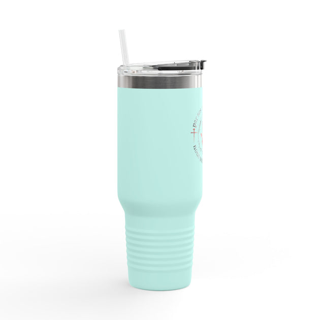 Gobelet isotherme bleu clair de 40oz avec paille et inscription religieuse sur le côté.