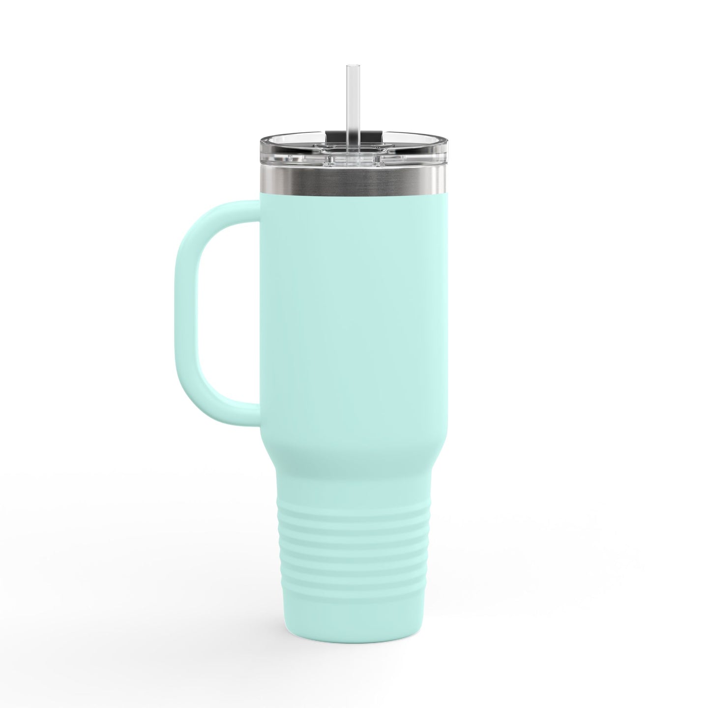 Gobelet isotherme bleu clair de 40 oz avec poignée, couvercle et paille.