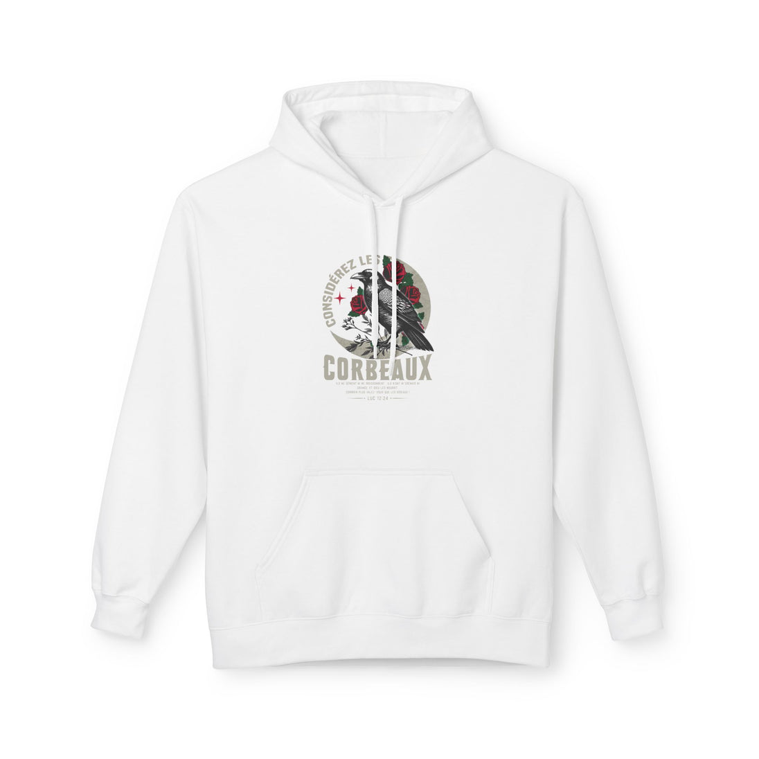 Sweat à capuche blanc pour femme avec une illustration de corbeau et de roses sur la poitrine.
