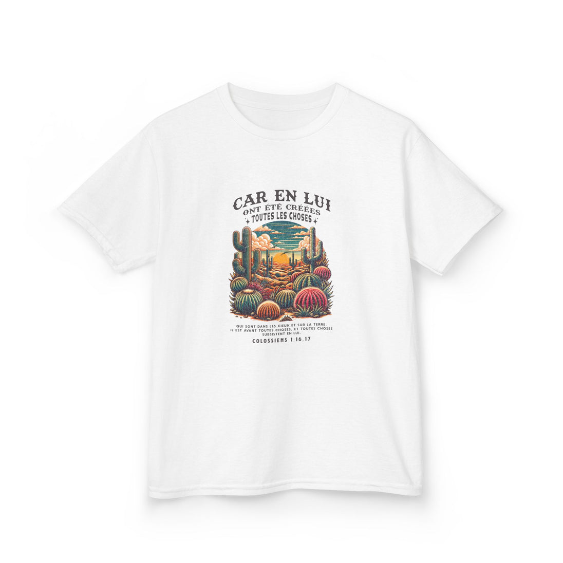 T-shirt blanc pour enfant avec une illustration de cactus et un texte biblique en français.