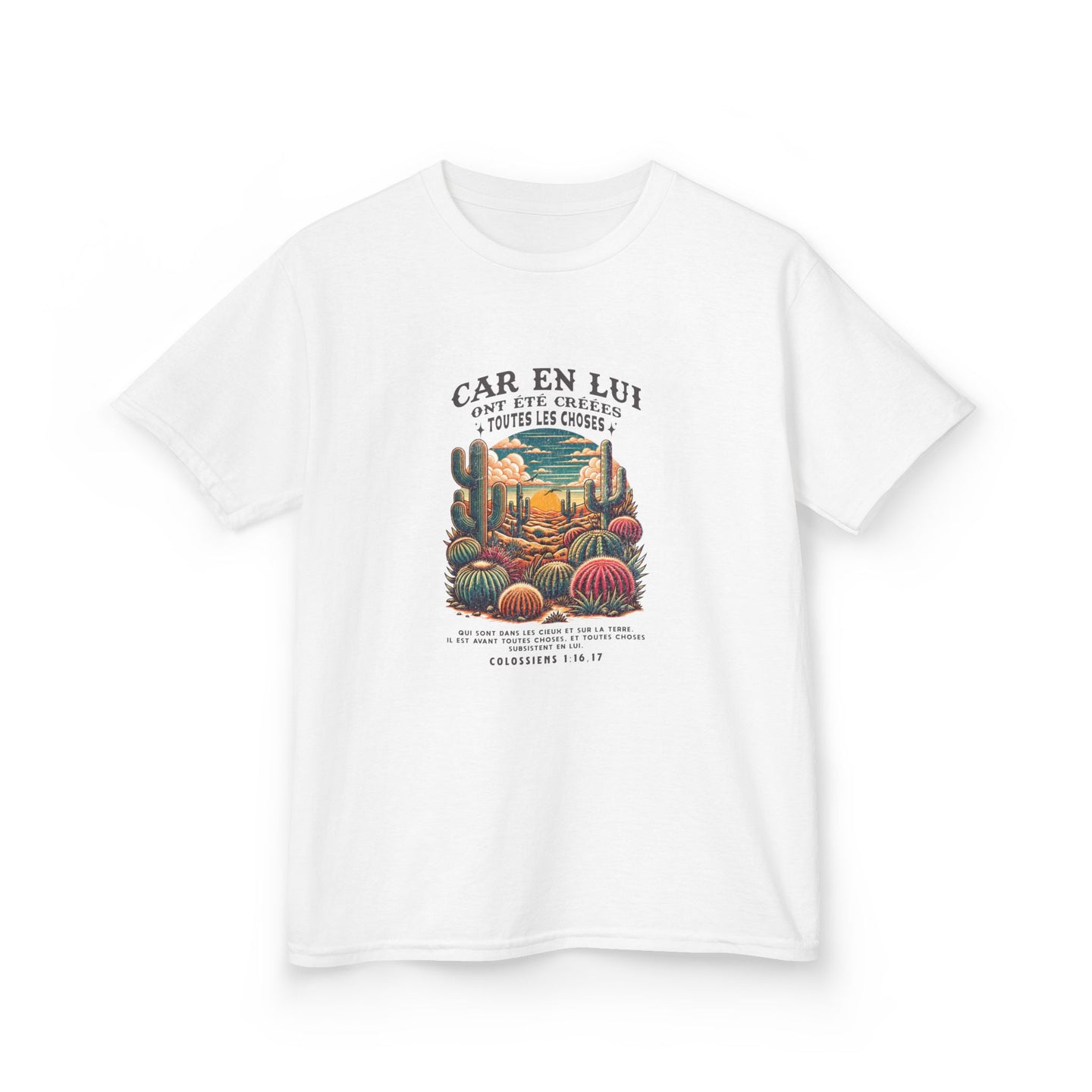 T-shirt blanc pour enfant avec une illustration de cactus et un texte biblique en français.