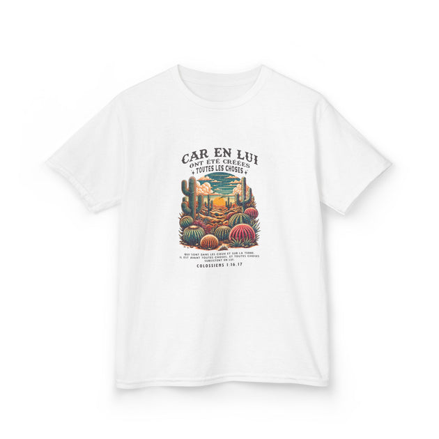 T-shirt blanc pour enfant avec une illustration de cactus et un texte biblique en français.