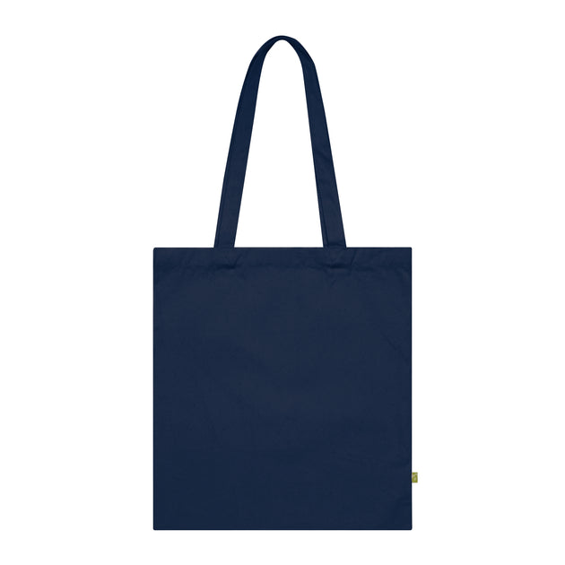 Tote bag en coton biologique bleu marine avec de longues anses pour un porté épaule.