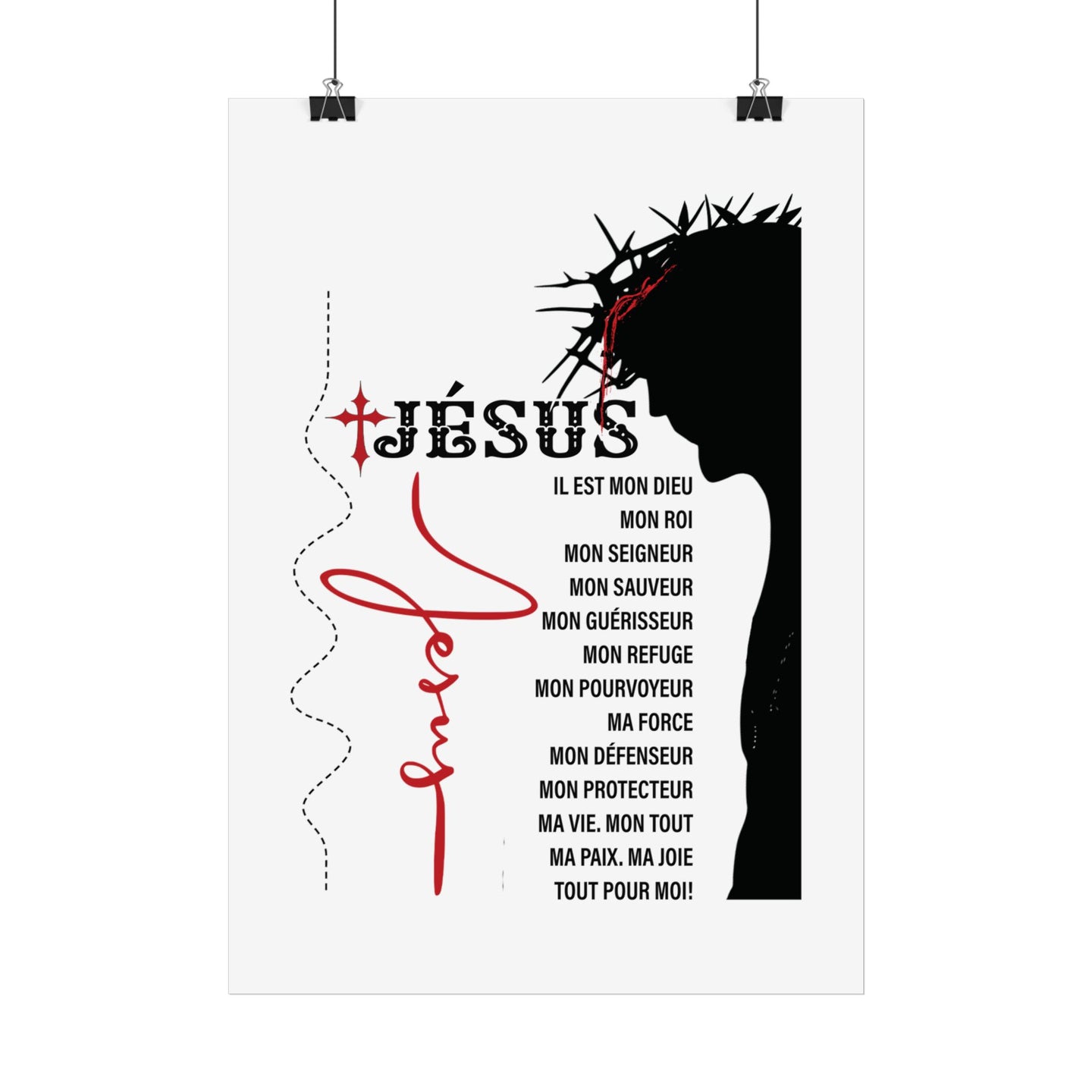 Affiche murale représentant une silhouette de Jésus couronné d'épines avec des textes religieux.