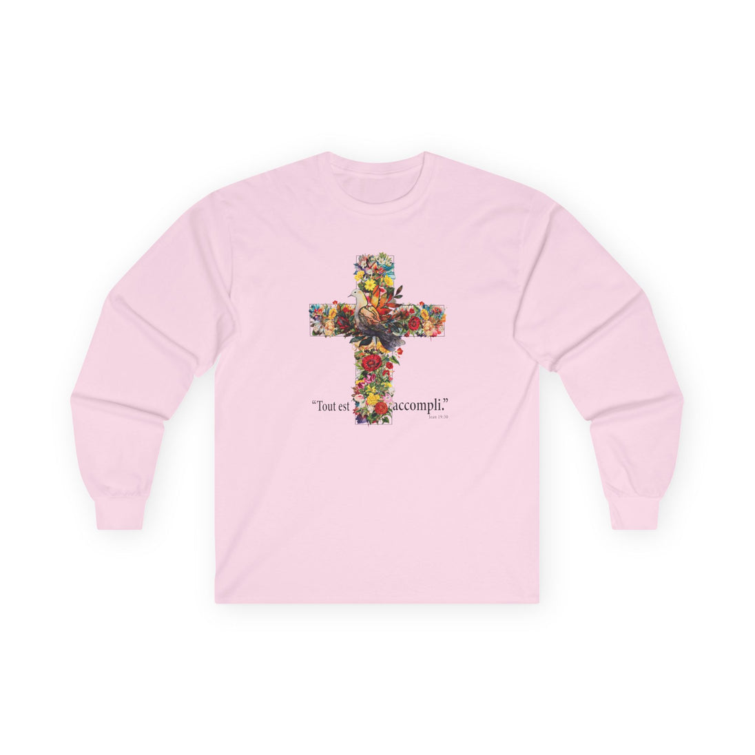 T-shirt rose à manches longues avec une croix florale et l'inscription Tout est accompli.