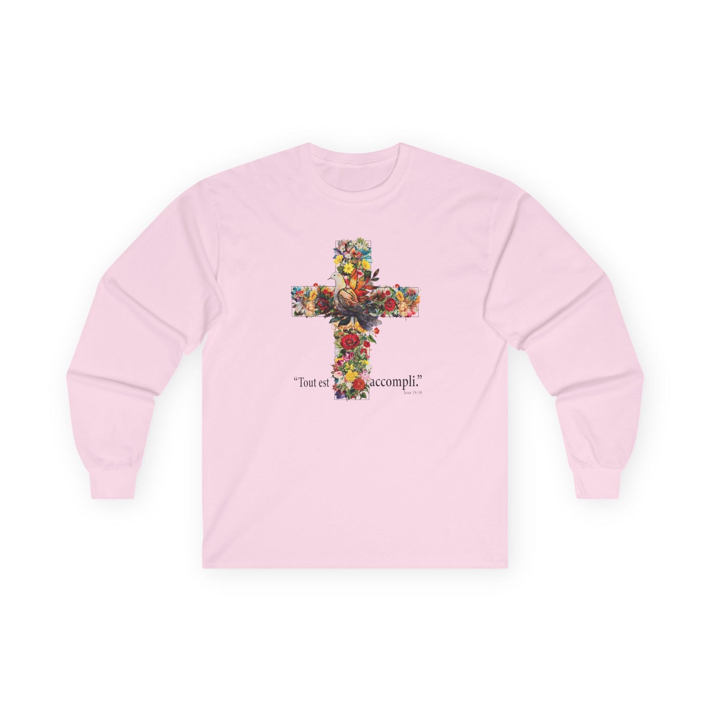 T-shirt rose à manches longues avec une croix florale et l'inscription Tout est accompli.