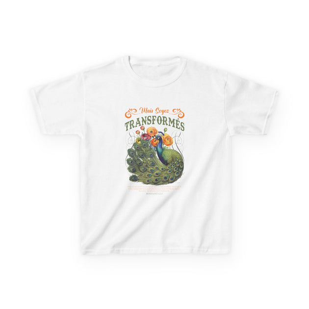 T-shirt blanc pour enfant avec une illustration de paon, des fleurs et le texte Romains 12:2.