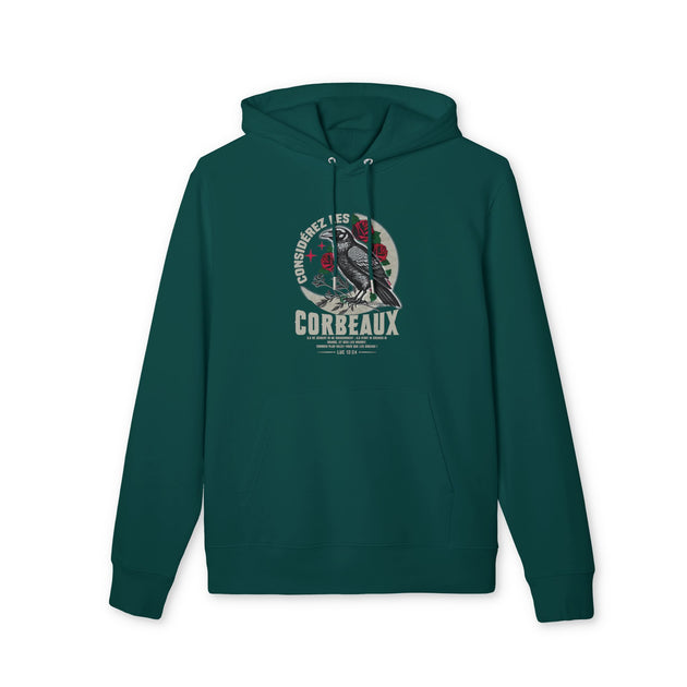 Sweat à capuche vert foncé avec une illustration de corbeau et des roses sur la poitrine.