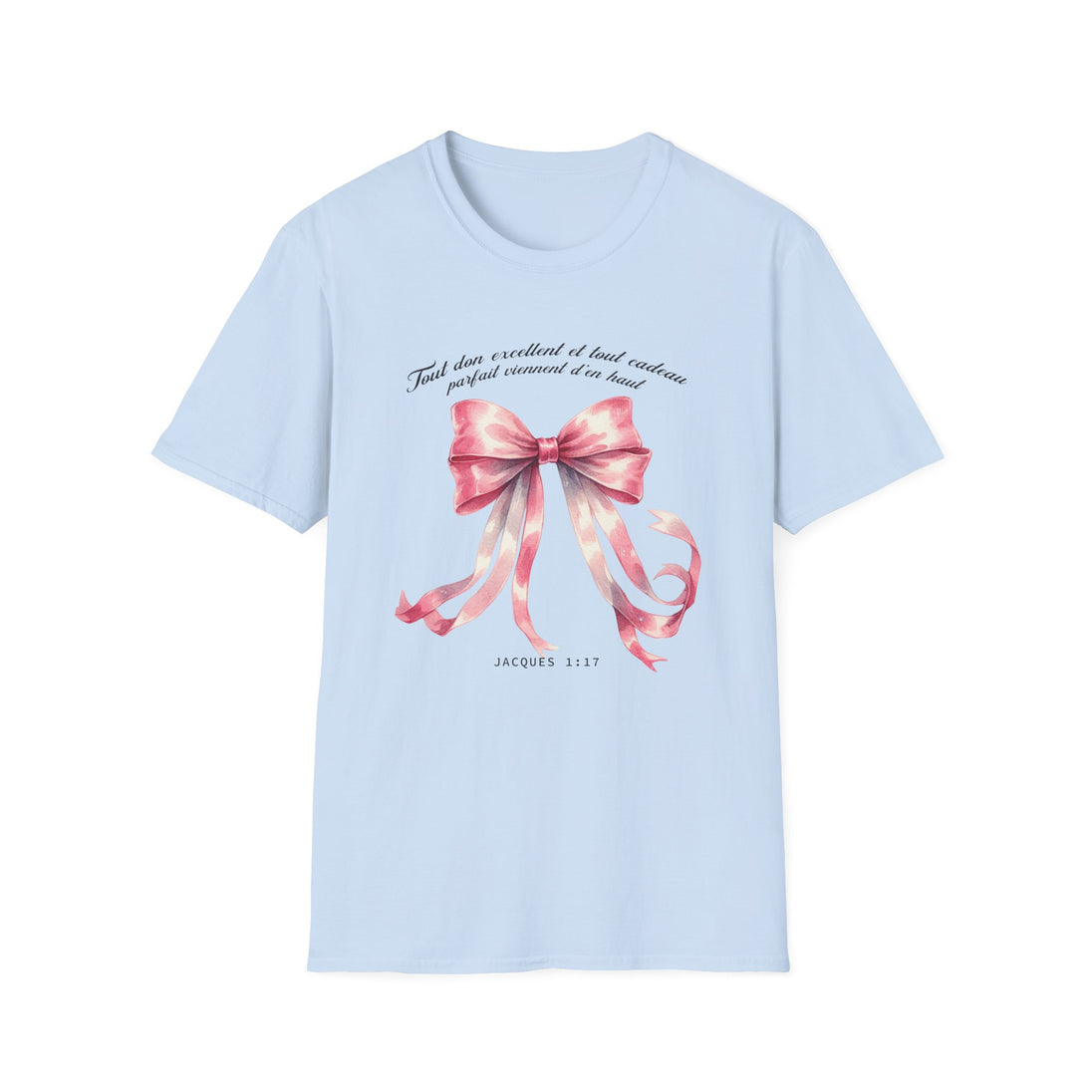 T-shirt bleu clair pour femme orné d'un nœud rose aquarelle et du verset Jacques 1:17.