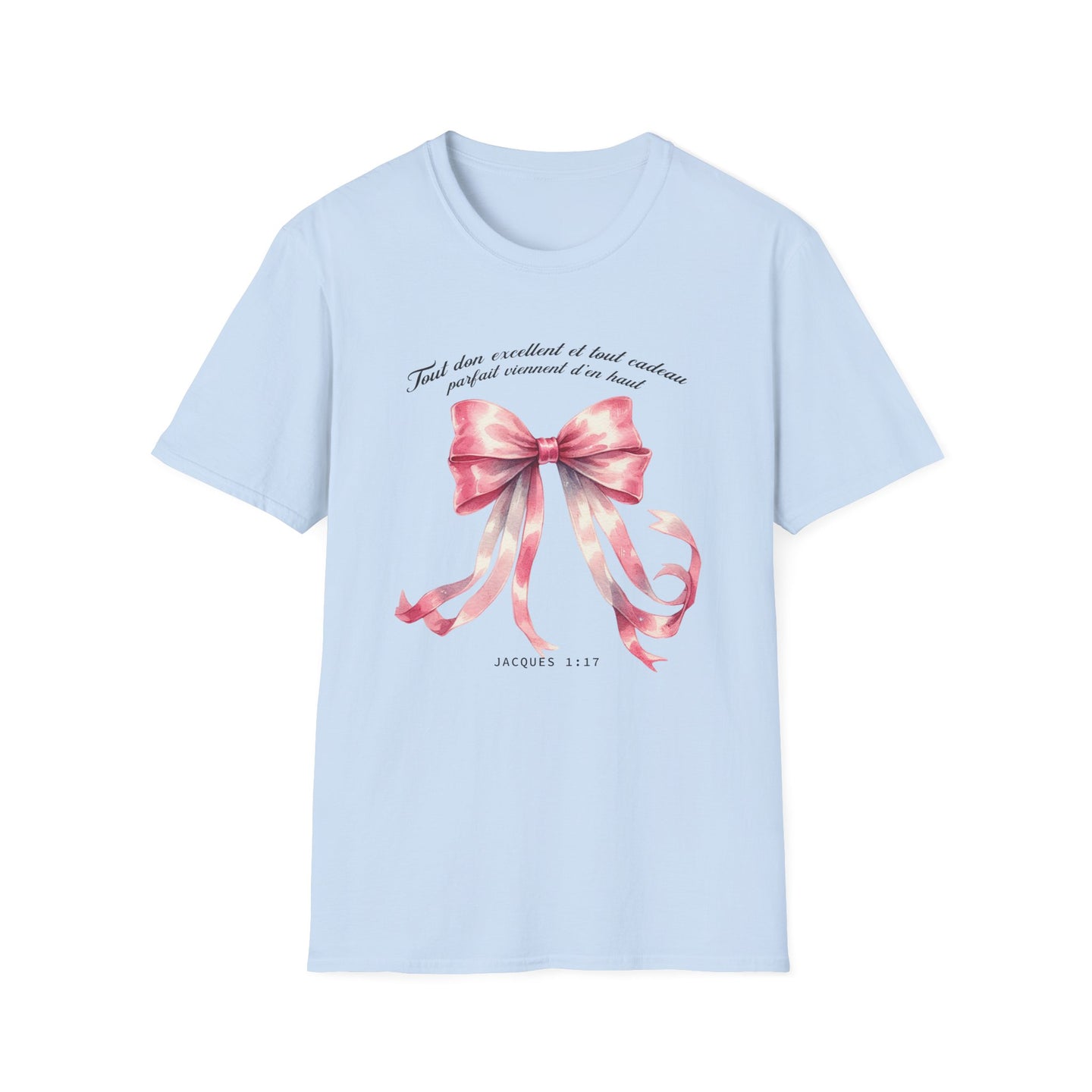 T-shirt bleu clair pour femme orné d'un nœud rose aquarelle et du verset Jacques 1:17.