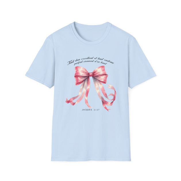 T-shirt bleu clair pour femme orné d'un nœud rose aquarelle et du verset Jacques 1:17.