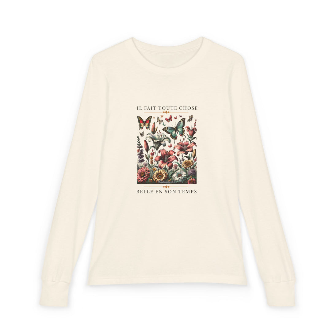 T-shirt à manches longues beige pour enfant avec une illustration florale et des papillons.