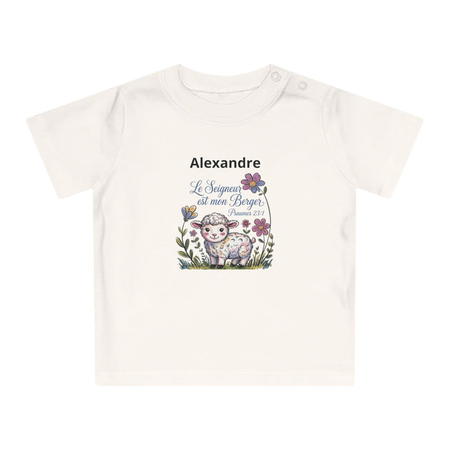 T-shirt pour bébé en coton bio blanc avec une illustration d'agneau et le texte Alexandre.