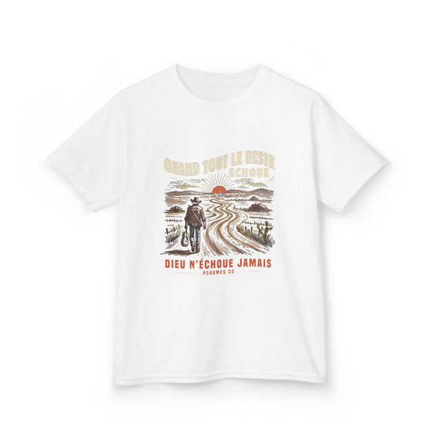 T-shirt blanc pour enfant avec une illustration rétro d'un voyageur et le texte Quand tout le reste échoue.