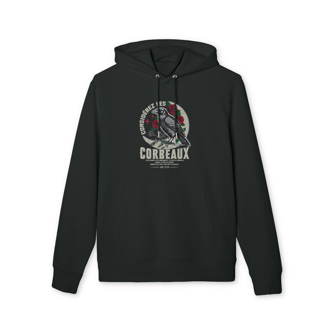 Sweat à capuche noir en coton biologique avec une illustration de corbeau et des roses.