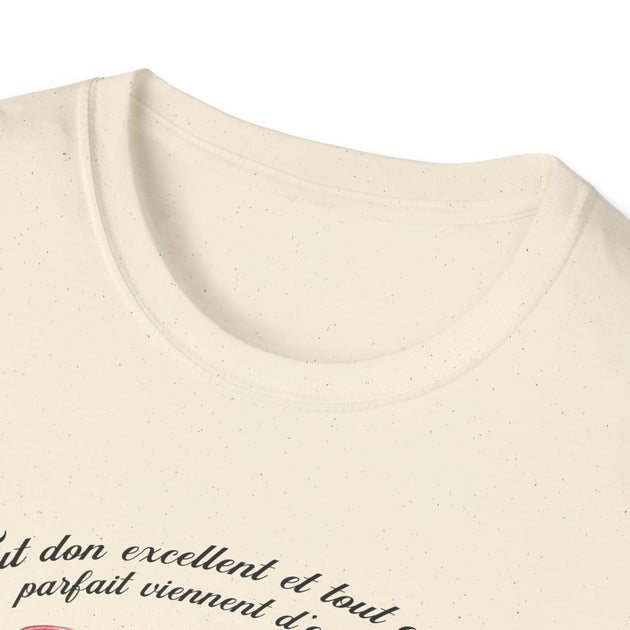 T-shirt femme en coton chiné crème avec une inscription calligraphiée noire sur la poitrine.