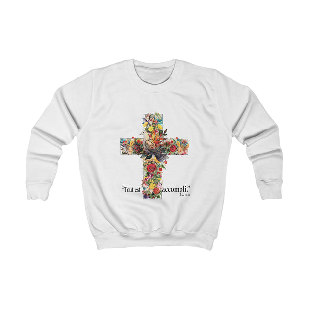Sweatshirt blanc pour enfant orné d'une croix fleurie avec une colombe et le texte Tout est accompli.
