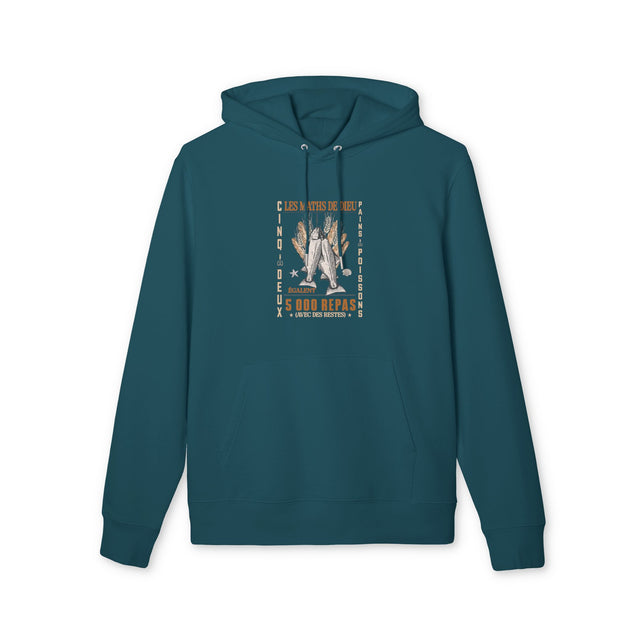 Sweat à capuche bleu pétrole avec une illustration chrétienne sur le devant.