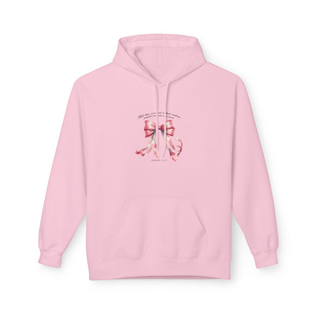 Sweat à capuche rose pâle pour femme orné d'un nœud aquarelle et d'une inscription religieuse.