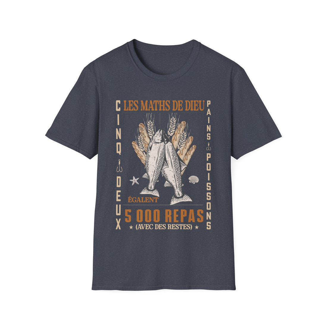 T-shirt gris foncé pour homme avec une illustration de poissons et pains et le texte Les Maths de Dieu.