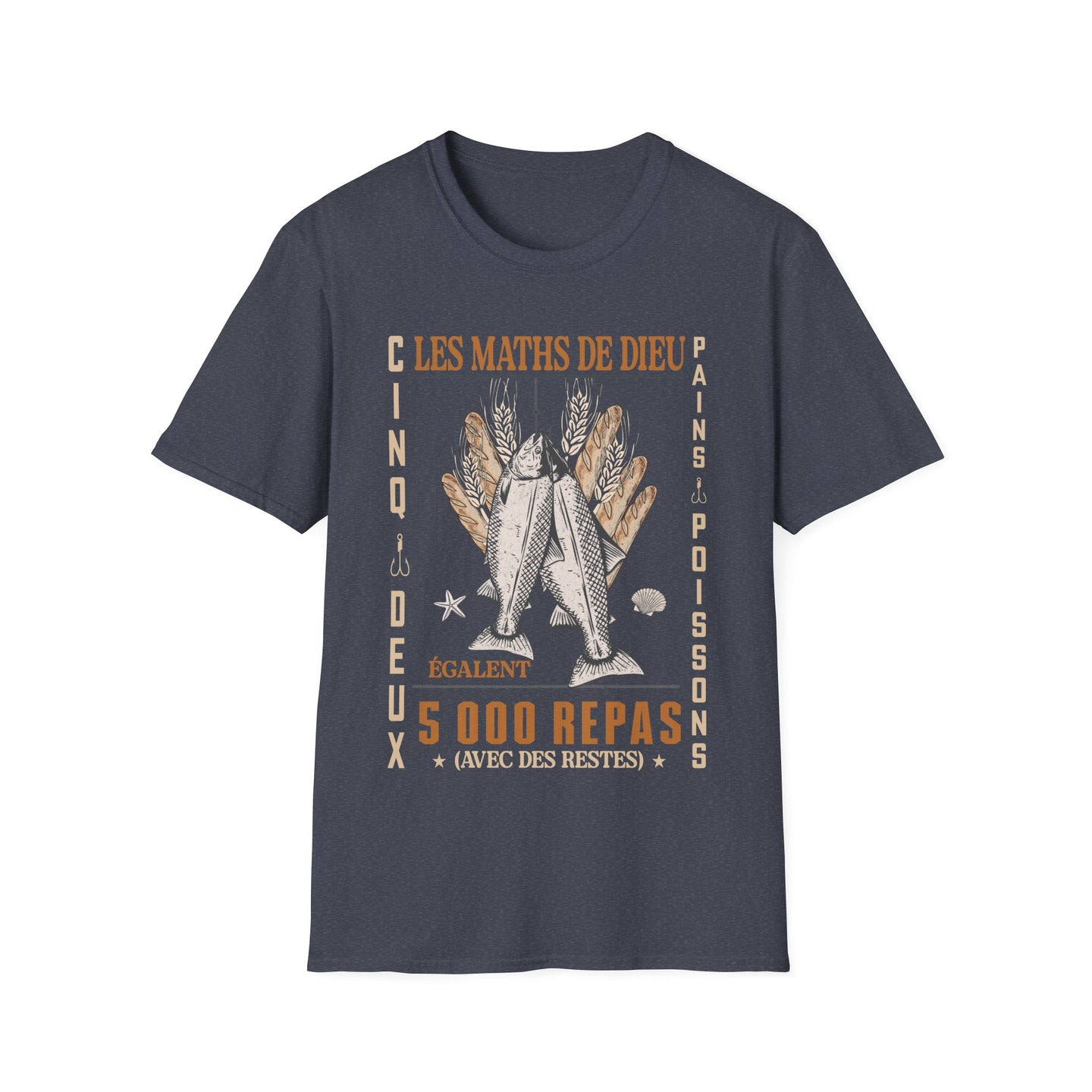 T-shirt gris foncé pour homme avec une illustration de poissons et pains et le texte Les Maths de Dieu.