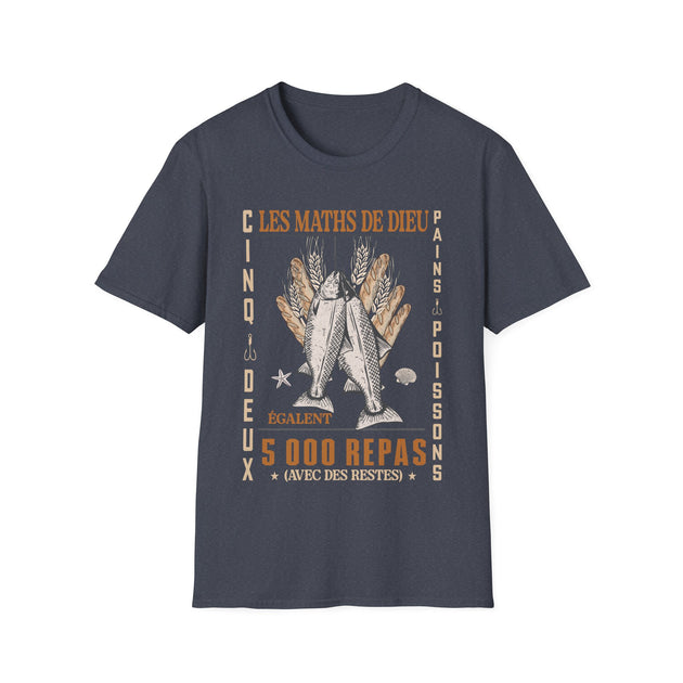 T-shirt gris foncé pour homme avec une illustration de poissons et pains et le texte Les Maths de Dieu.
