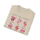 T-shirt beige pour femme orné d'illustrations aquarelles de fruits et de mots en français.