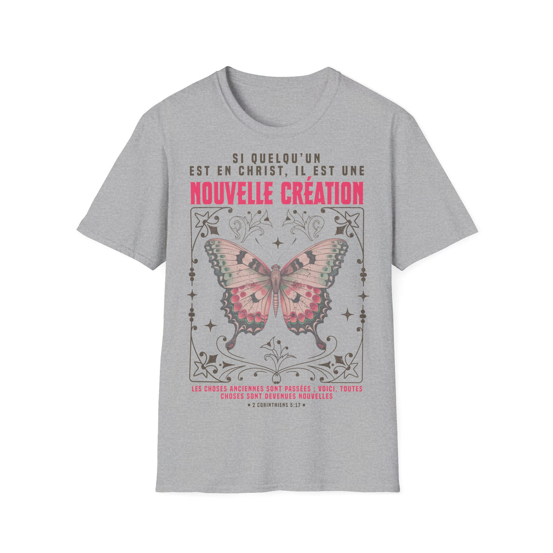 T-shirt gris pour homme avec un papillon et le verset biblique 2 Corinthiens 5:17 imprimé.